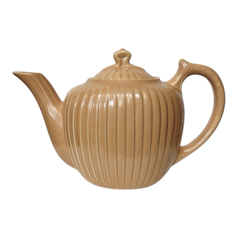 Vintage FRAUNFELTER Ohio Ceramic Teapot Ribbed Peach 20 oz Model 324 Mid Century - Picture 4 of 8